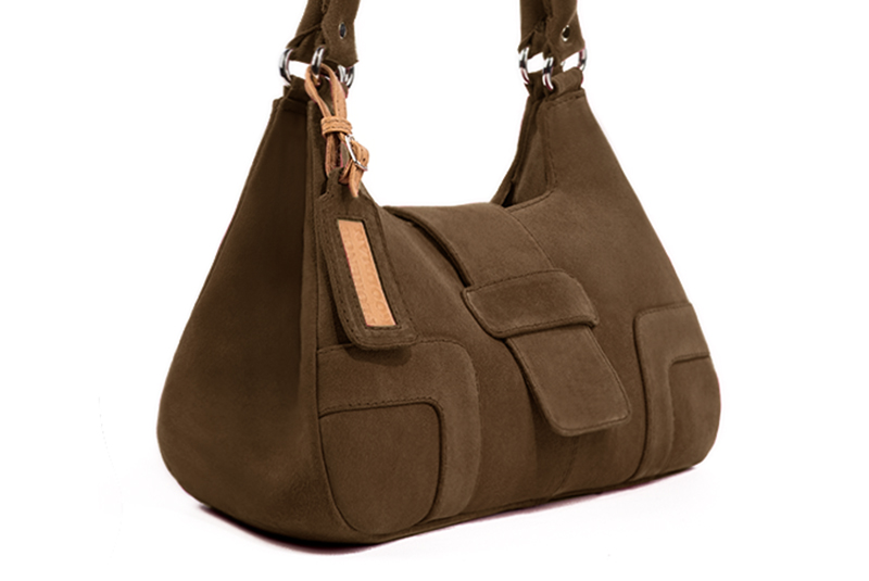 Chocolate brown women's dress handbag, matching pumps and belts. Front view - Florence KOOIJMAN